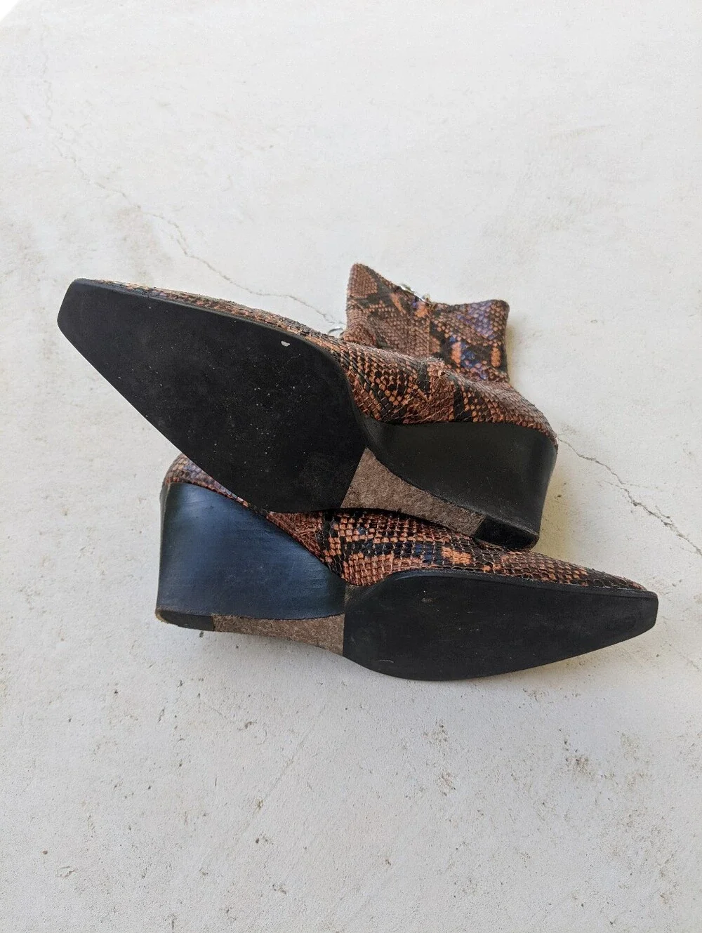 AEYDE Orange And Black Snakeskin Pointy Square Toe Ankle Wedges